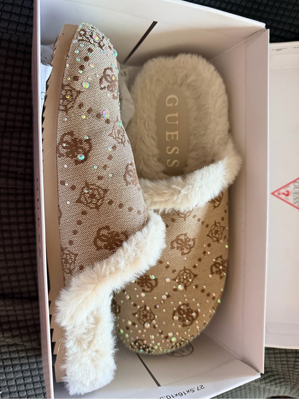 Guess Beige Crystal-Embellished Faux-Fur Slip-On Slippers